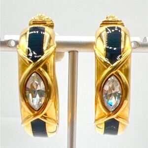 Vtg Swarovski Hoop Earrings Clear Crystal Black Green Striped Accents Gold Tone